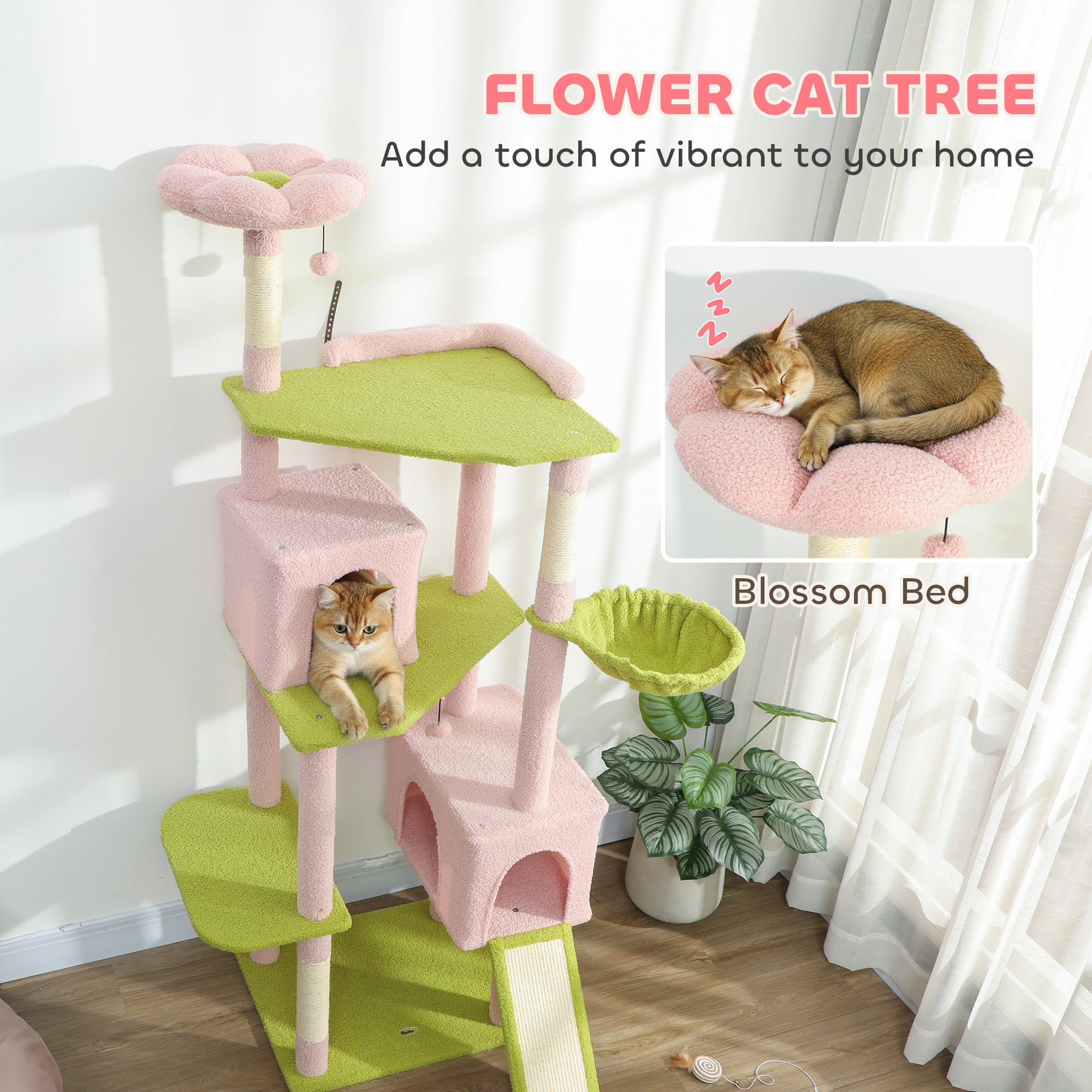 74" Flower Cat Tree, Large Cat Tower with Scratching Post & Board for Indoor Cats, Pink - 5 - CJ