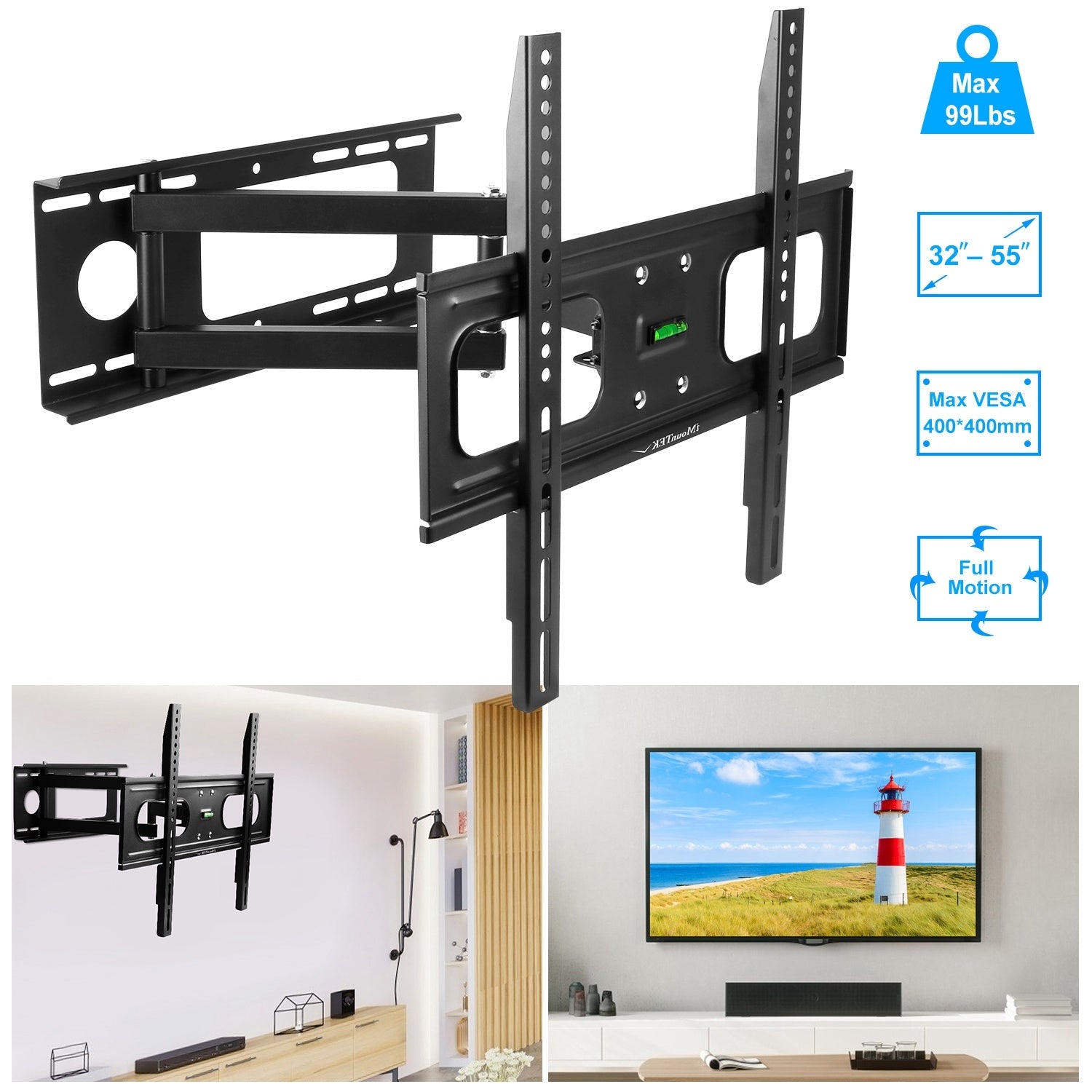 1Pc TV Wall Mount Swivel Tilt Full-Motion Articulating Wall Rack For 32in-55in TVs 99lbs Max Bearing Support VESA Up To 400x400mm