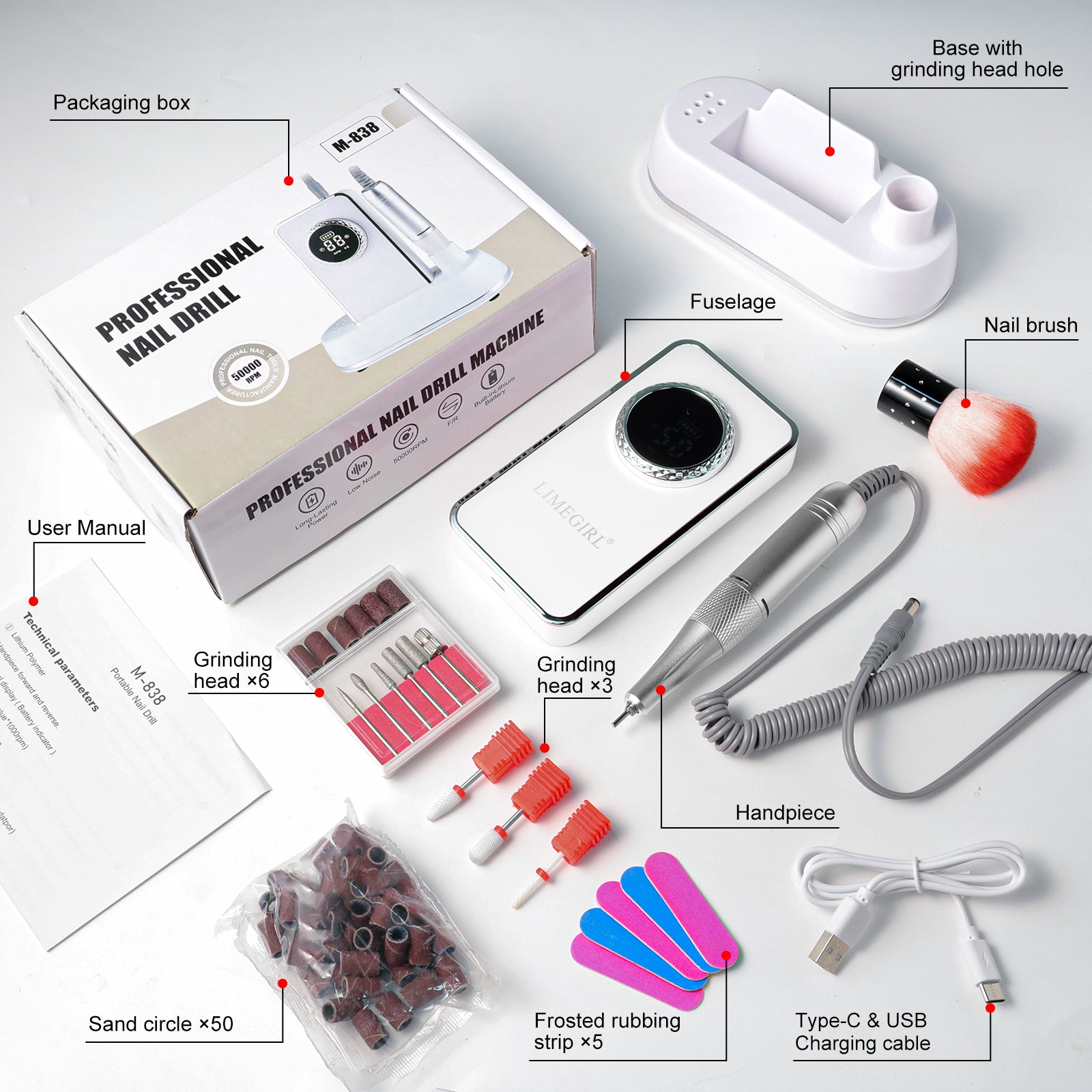 50000RPM Professional Electric Nail File Kit - Rechargeable Cordless Nail Drill For Acrylics Gel Nails, Portable E File Machine With 6 Bits For Home Salon Manicure Pedicure Care - 5 - CJ