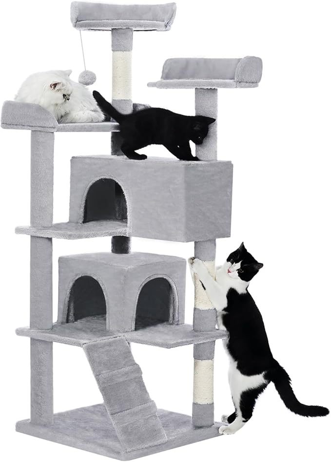 Made4Pets 56 - inch Pet Cat Tree For Indoor Cats Multi - Level Cat Tree With 2 Apartments Cat Activity Center With Scratching Posts And Toys Light Gray - 5 - CJ