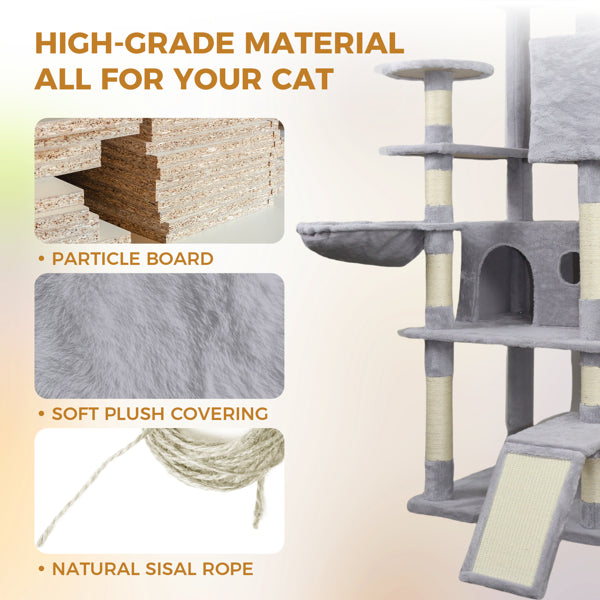 84.6 In Light Gray Cat Tree Tower With Wide Base, 3 Large Hinding Condo, 11 Sisal Scratching Post, Sisal Scratching Ladder, 2 Hammocks, Large Top Platform, Many Landing Perch And Interactive Toy - 5 - CJ