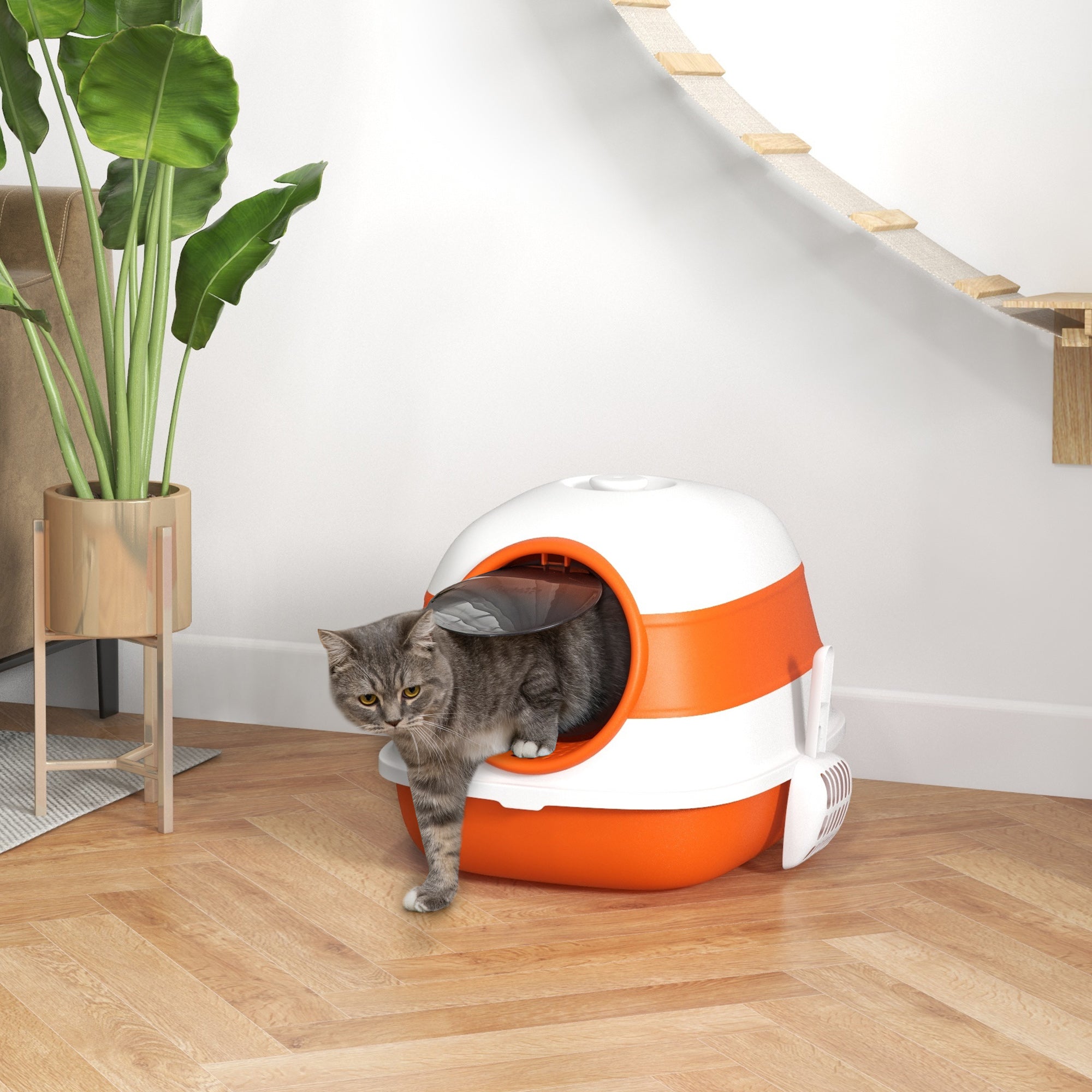 Dome Covered Cat Litter Box with Lid, White and Orange - 5 - CJ