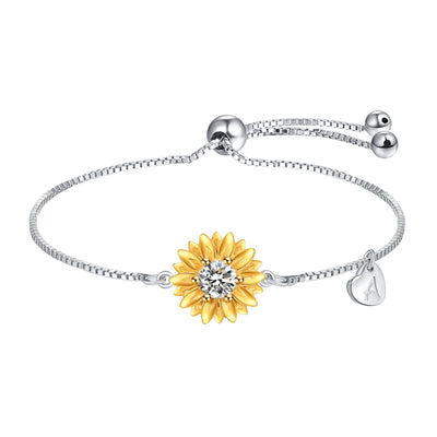 Sunflower Bracelets with Initial A Sterling Silver Sunflower Gifts for Women Girls Sunflower Jewelry - 5 - CJ