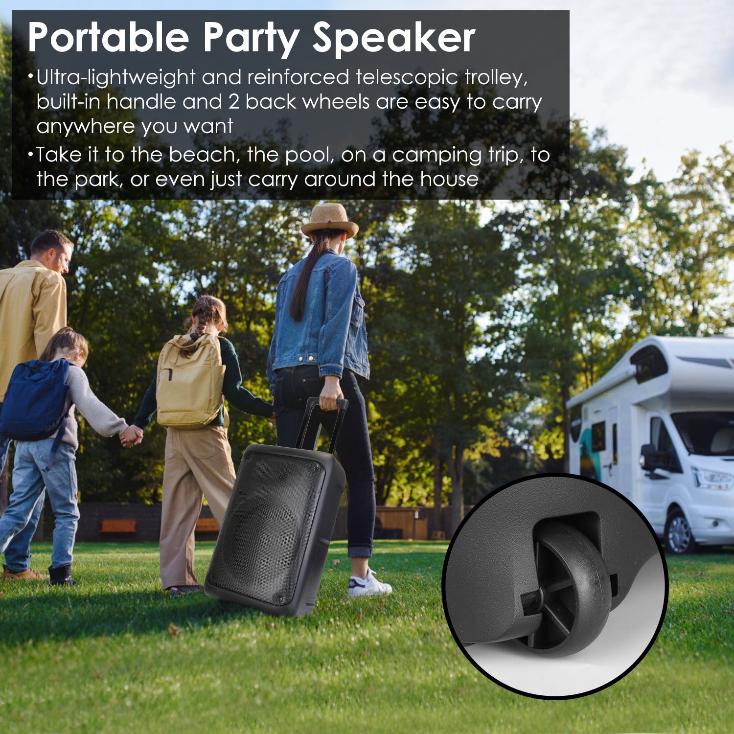1Pc Portable Wireless Party Speaker Party Speaker With With 5 Colorful Lighting Modes TWS FM USB MMC Slot Aux In Recording Mic Priority Trolley Handle 2 Wheels Remote Control