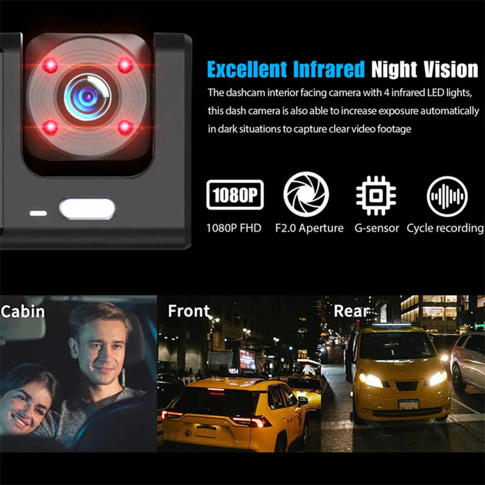 Car Dual Lens Dash Cam HD 1080P Front Rear Inside Video Recorder Camera G - Sensor - 5 - CJ
