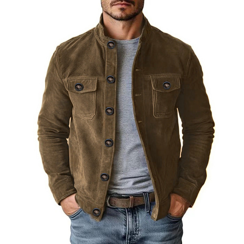 Vintage Single - breasted Jacket Men's Casual Motorcycle Faux Suede Tops - 0 - CJ - Dark Brown - XS - CJXZ264702727AZ