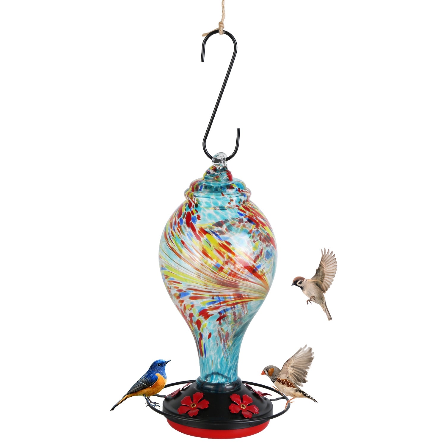 1Pc Glass Hummingbird Feeder 33OZ Hand Blown Hummingbird Feeder With 5 Flower Feeding Port Perch Ant Moat Hanging Hook S Hook Hemp Rope Cleaning Brush For Garden Decor - 5 - CJ