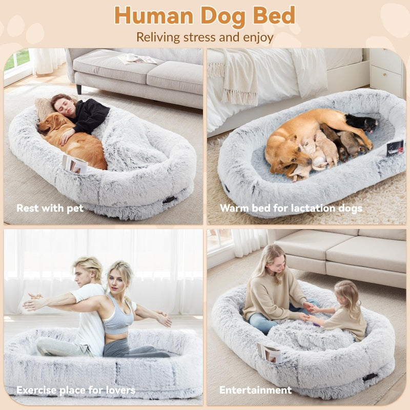 Human Dog Bed, 63''x31.4''x9.5'' Size Fits You And Pets, Washable Faux Fur Dog Bed For People Doze Off, Napping Orthopedic Dog Bed, Present Plump Pillow, Blanket, Strap - Grey