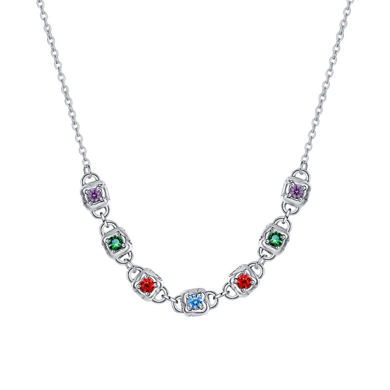 S925 Sterling Silver Fashion Colorful Square Dice Zircon Necklace Retro Heavy Industry Collar Chain - 4 - CJ