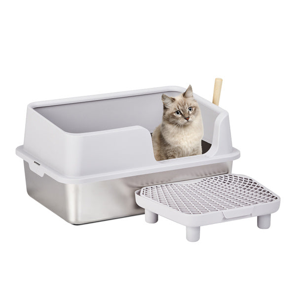 61x40x33CM, Litter Box, Stainless Steel And Plastic, Upper And Lower Snap Type, With Litter Spatula, Foot Pad - Grey