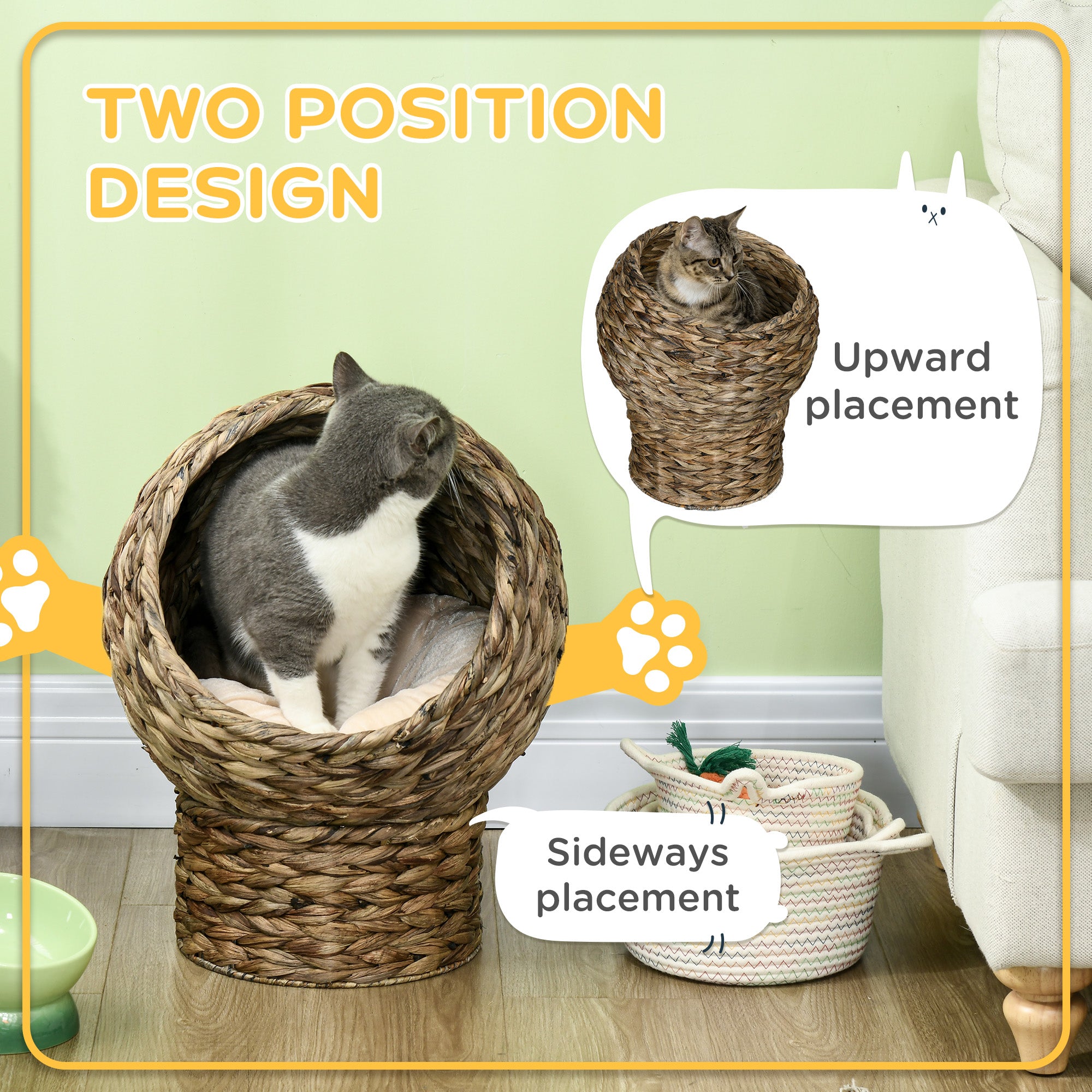 Handwoven Elevated Cat Bed with Soft Cushion & Egg Chair Shape, Basket Bed Kitty House with Stand, Raised Wicker House for Indoor Cats, 20" H, Gray - 5 - CJ