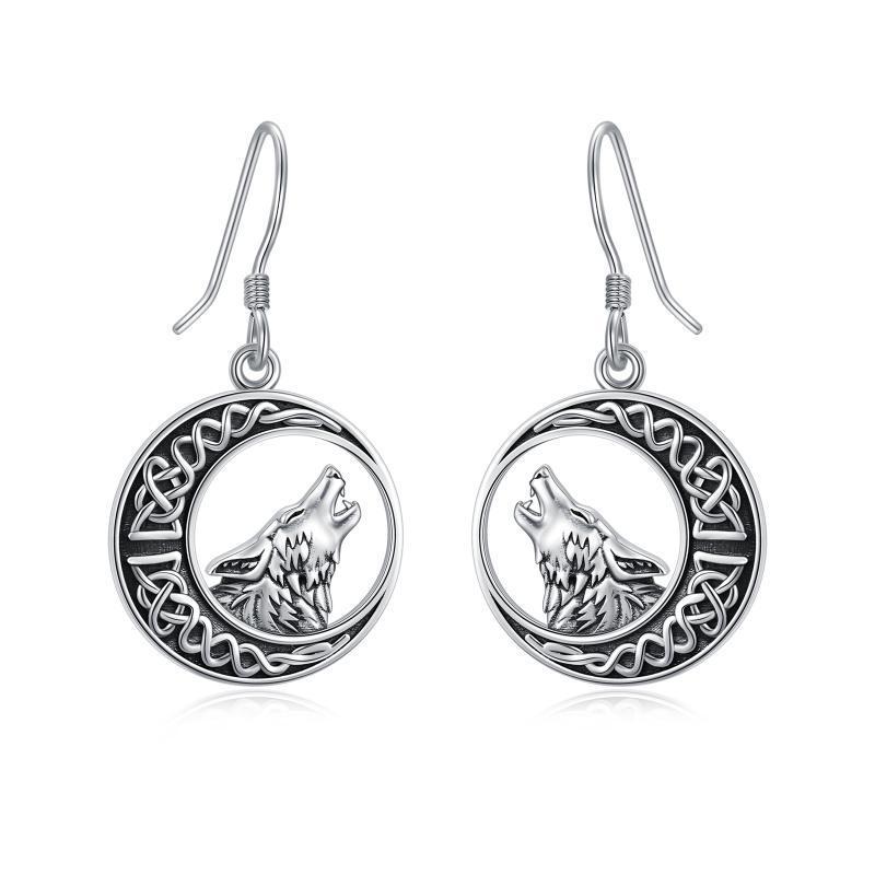 Wolf Celtic Moon Dangle Drop Earrings in Sterling Silver