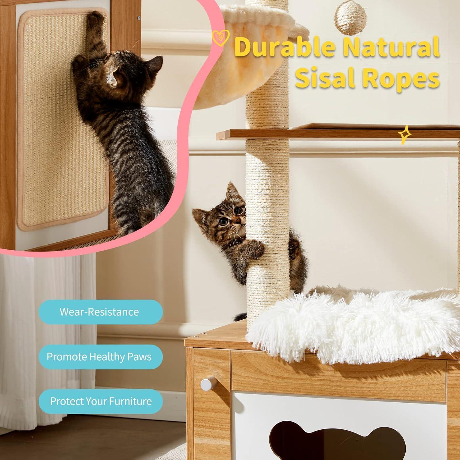Solid Wood Cat Tree And Tower With Litter Box, Cat Scratching Board And Hammock For Indoor Large Cats - 5 - CJ