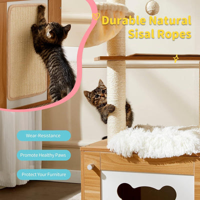 Solid Wood Cat Tree And Tower With Litter Box, Cat Scratching Board And Hammock For Indoor Large Cats - 5 - CJ