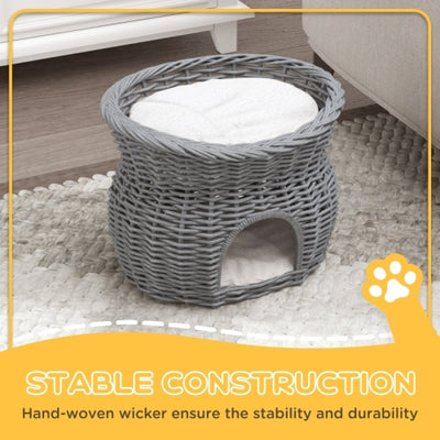PawHut 2 - Tier Wicker Cat House Elevated Pet Bed Basket Willow Kitten Tower Pet Den. With Washable Cushions 56x37x40cm Grey - 5 - CJ