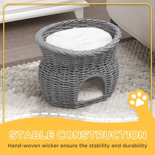 PawHut 2 - Tier Wicker Cat House Elevated Pet Bed Basket Willow Kitten Tower Pet Den. With Washable Cushions 56x37x40cm Grey - 5 - CJ