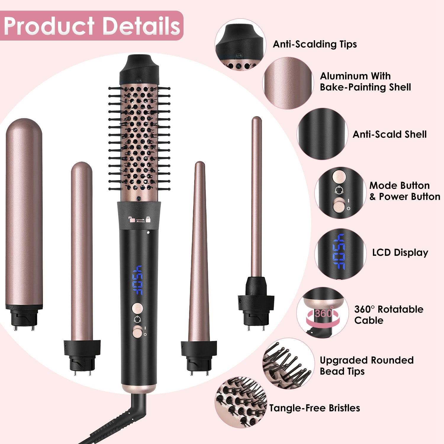 2 Type Options - 1Pc 5 In 1 Curling Wand Hair Curling Iron Brush Anti - Tangle Hair Thermal Brush Curler With 4 Heating Levels 360 Degree Rotatable Cable 5 Interchangeable Barrels 2 Clips 1H Auto Off - 5 - cjdropshipping