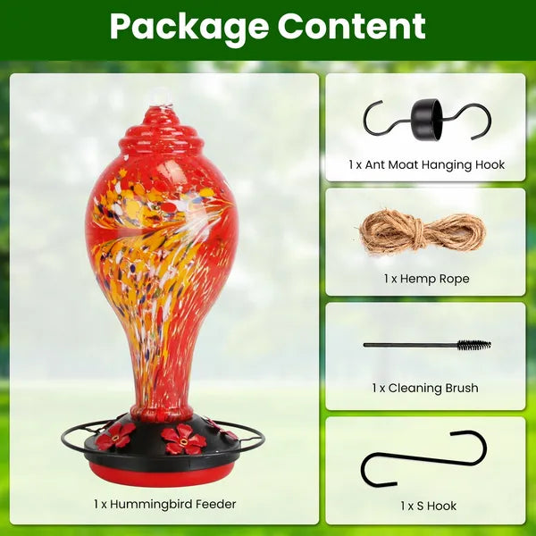 Glass Hummingbird Feeder 33OZ Hand Blown Hummingbird Feeder With 5 Flower Feeding Port Perch Ant Moat Hanging Hook S Hook Hemp Rope Cleaning Brush For Garden Backyard Decor - 5 - CJ