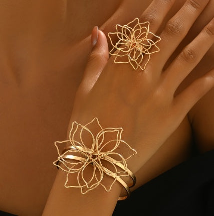 Lxalry Fashion Women's Jewelry Set, Elegant Geometric Lattice Flower Ring, Double - Layer Smooth Open Adjustable Bracelet With Inlaid Lattice Line Flower Bracelet, Suitable For Everyday, Wedding Party - 5 - CJ