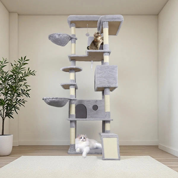 84.6 In Light Gray Cat Tree Tower With Wide Base, 3 Large Hinding Condo, 11 Sisal Scratching Post, Sisal Scratching Ladder, 2 Hammocks, Large Top Platform, Many Landing Perch And Interactive Toy by Generic