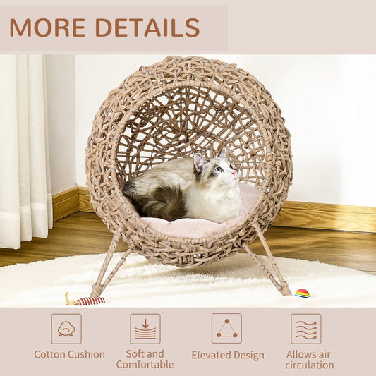 Weaved Cat Bed, Elevated Hand - woven Braided Banana Leaf Kitten House Condo With Cushion, Beige - 5 - CJ