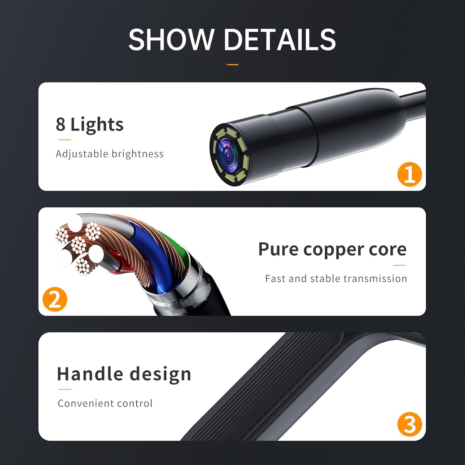 Borescope With Light, Industrial Endoscope Inspection Camera  With Light - 2,5,10m Snake Camera For Automotive, Aircraft, And Pipe Inspection - Portable Boroscope With Led Lighting For Clear Visual In