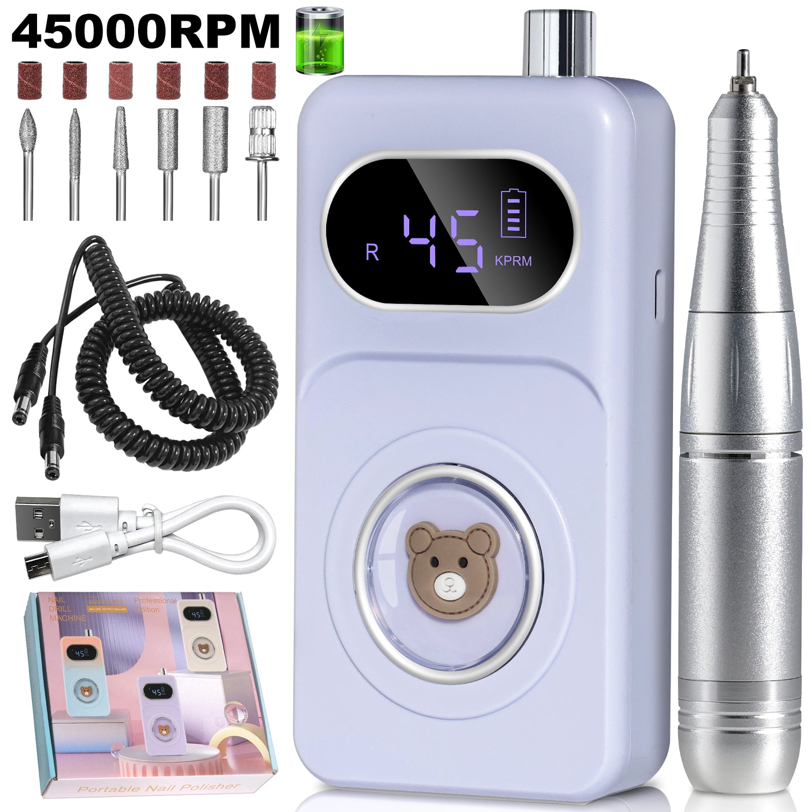Professional 45000RPM Portable Electric Nail Drill Kit, Rechargeable Nail Electronic File Machine, Electric Nail Polishing Machine With Drill Head And Base, Nail Drill For Acrylic Nails, Nail Gel, Fem - 5 - CJ