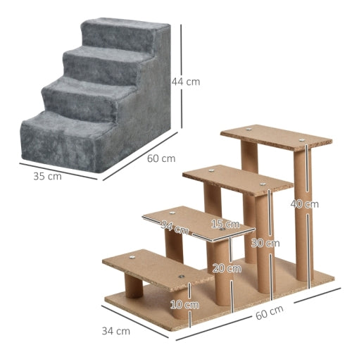 PawHut Four - Step Dog Stairs, With Washable Plush Cover, For High Bed Sofa, Dog Stairs For Small Dog And Cat - Light Grey - 5 - CJ