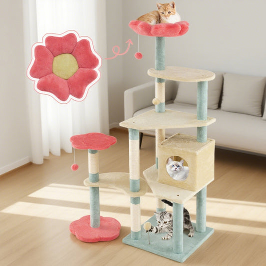 61 Inch Multi - Level Aesthetic Floral Kitten Tower With Flower - Shaped Padded Perch - 5 - cjdroshippping