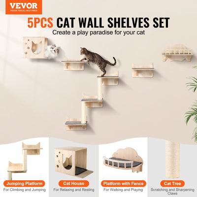 Wall Mounted Cat Shelves Tree With Jumping Boards Nest Furniture Set Of 5 - 5 - CJ