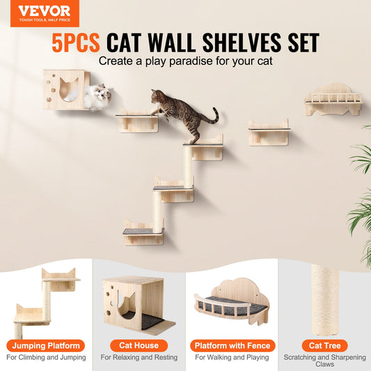 Wall Mounted Cat Shelves Tree With Jumping Boards Nest Furniture Set Of 5 - 5 - CJ