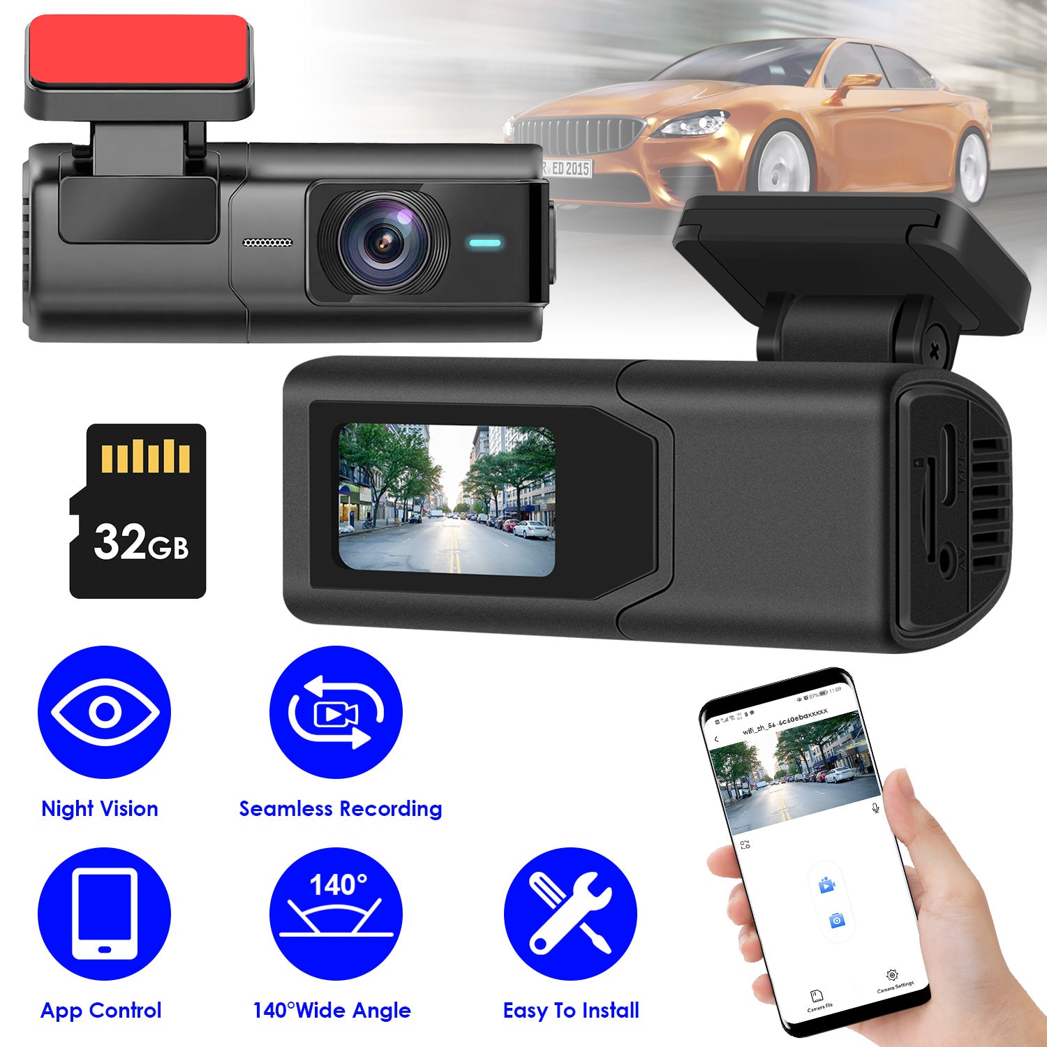 1Pc 2K HD Front Dash Cam For Car With IPS Screen Night Vision Loop Recording Included 32G Storage Card 140 Degree Wide Angle WiFi App Control Front Dashcam - 5.0 - CJ