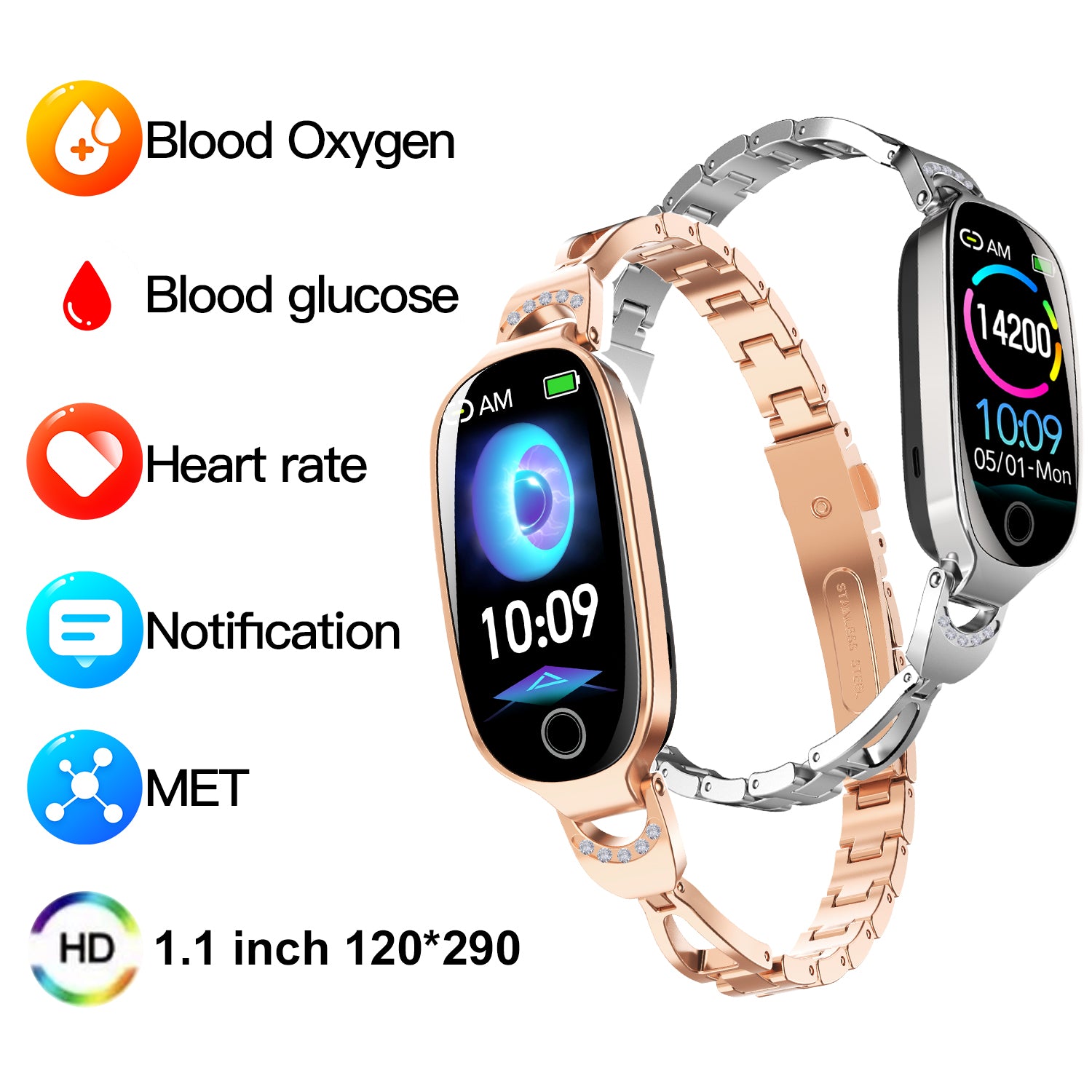Gold Smartwatch For Women Compatible For Android& IOS,Bling Smart Bracelet With Female Menstrual Cycle Heart Rate Blood Pressure Remote Photography Waterproof Pedometer - 5 - CJ