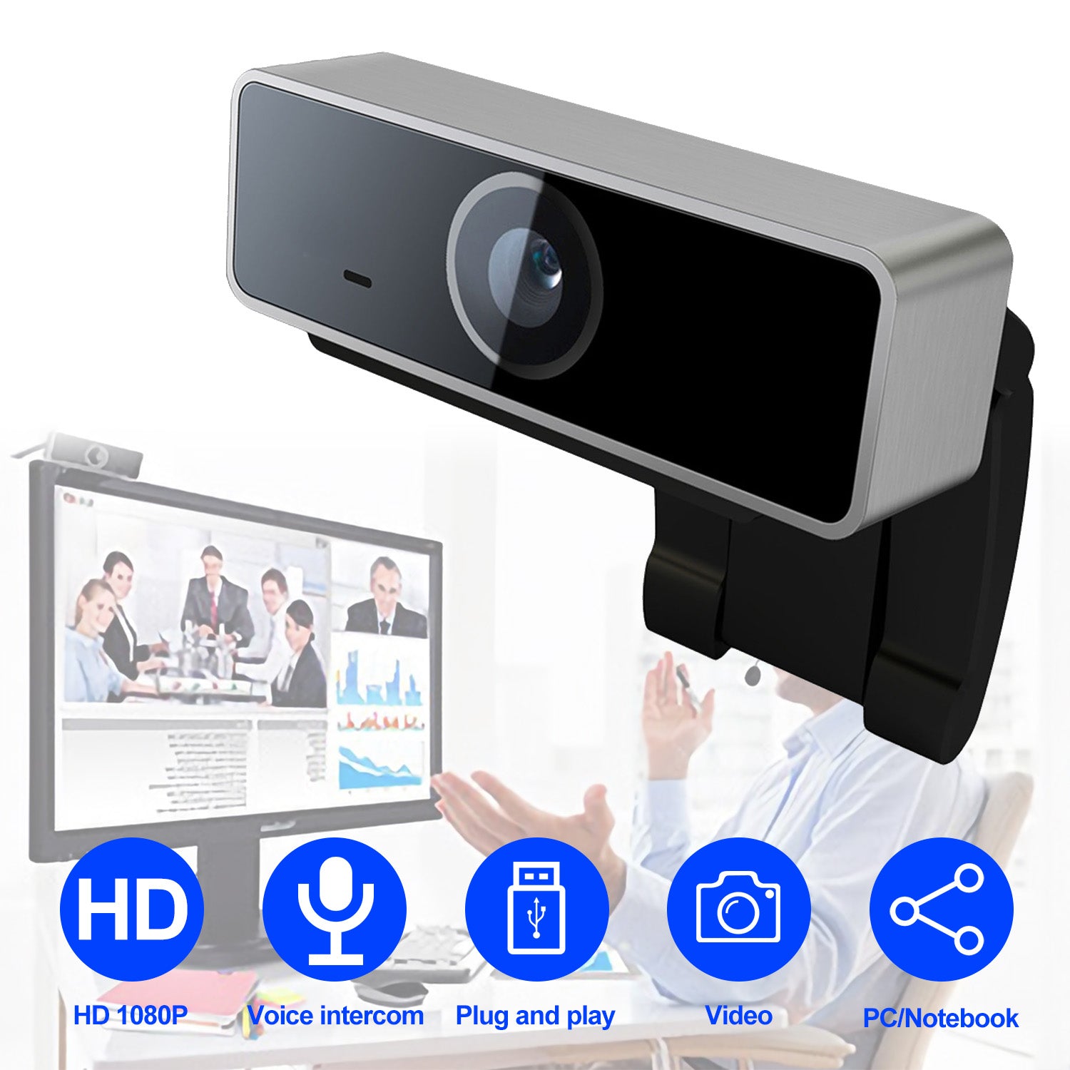 1Pc FHD 1080P Webcam USB PC Computer Webcam Auto Focus With Microphone 60 - Degree Widescreen Desktop Laptop Webcam Live Streaming Webcam With Rotatable Clip For Live Broadcast Video Calling Conferencin - 5 - CJ