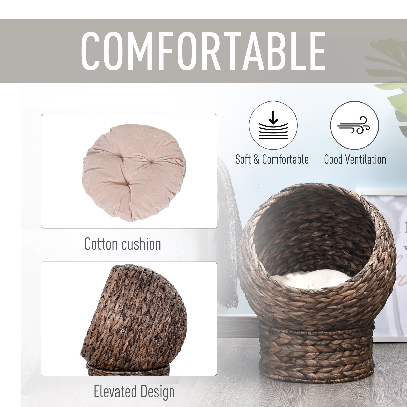 Handmade Wicker Elevated Cat Bed With Cushion Dark Brown For Kittens - 5 - cjdroshippping