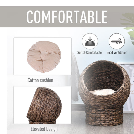 Handmade Wicker Elevated Cat Bed With Cushion Dark Brown For Kittens - 5 - cjdroshippping
