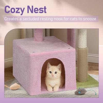 27.5in Cat Tree, Multi - level Cat Tower With Cat Scratching Post And Pad, Cozy Cat Condo, Padded Top Bed For Kittens And Indoor Cats, Pink & Green - 5 - CJ