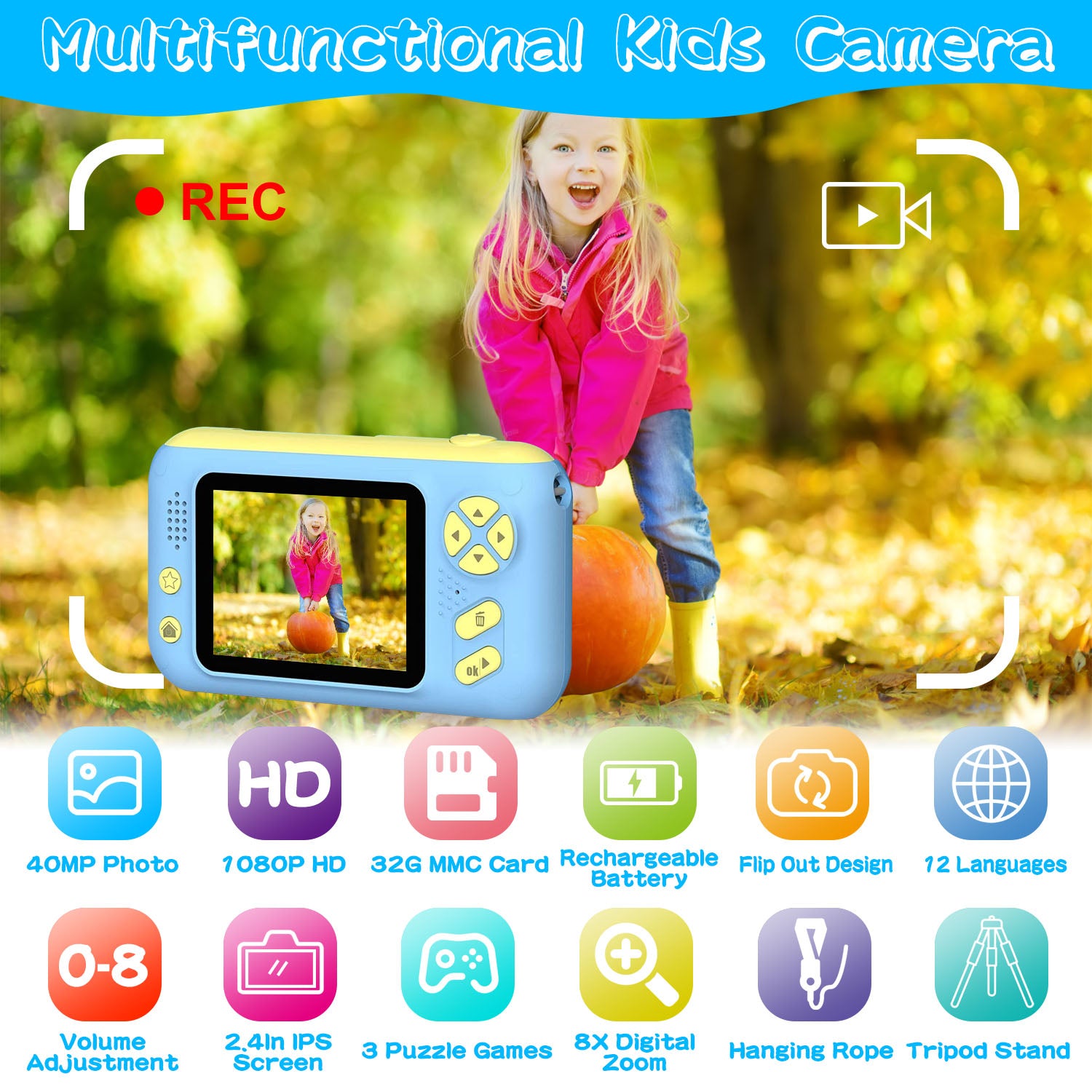 1Pc Kids Digital Camera With Flip Lens Children Video Camcorder Christmas Toy Birthday Gifts With Tripod 2.4in Screen 32G MMC Card For 3 - 10 Year Old Boys Girls - 5 - CJ
