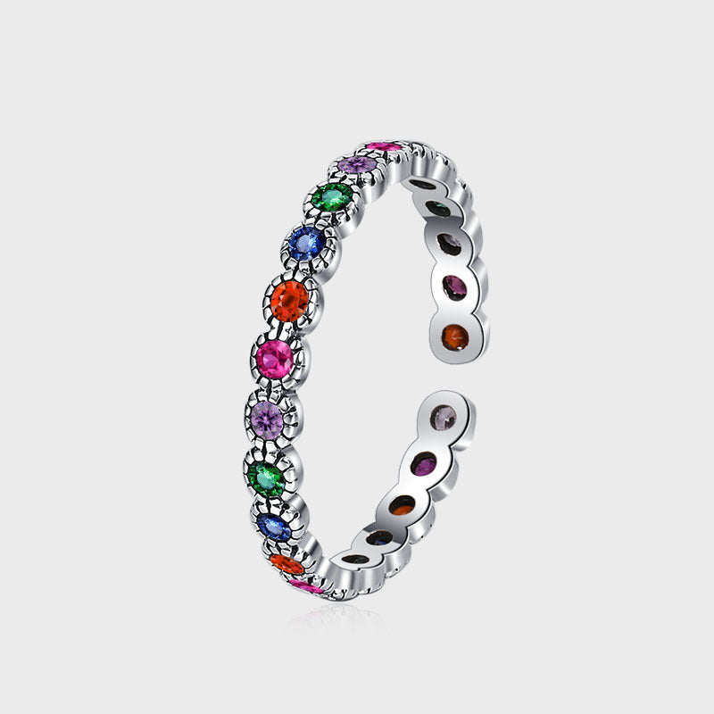 S925 Silver Colorful Zircon Ring Women's Retro Fashion Bright Color Contrast Flowers - 4 - CJ