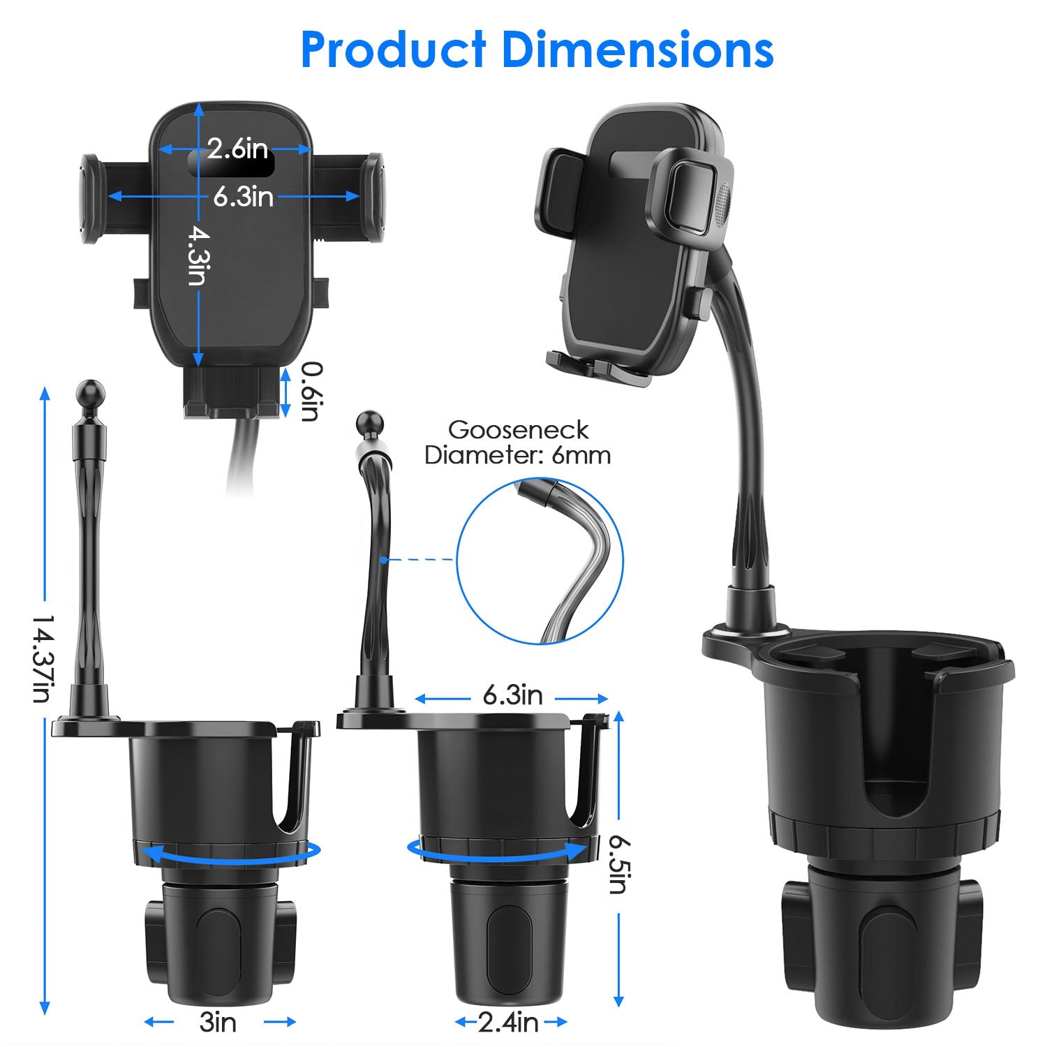 1Pc 2 In 1 Car Cup Phone Holder Automotive Drink Holder With 360 Degree Rotating Gooseneck Phone Mount Adjustable Base Fit For Most Phones Cups Vehicles - 5 - CJ