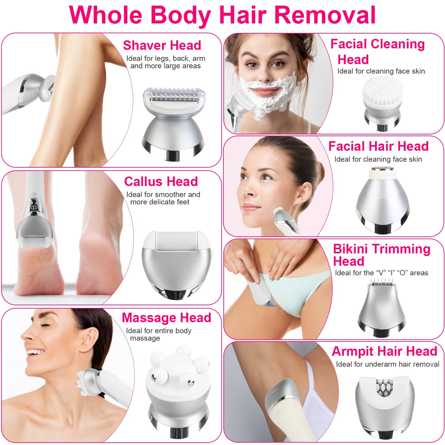 7 In 1 Electric Razor For Women Lady Hair Removal Epilators For Leg Face Arm Bikini Armpit Public Hairs IPX6 Wet And Dry Use Cordless Rechargeable Whole Body Trimmer And Shaver Kit