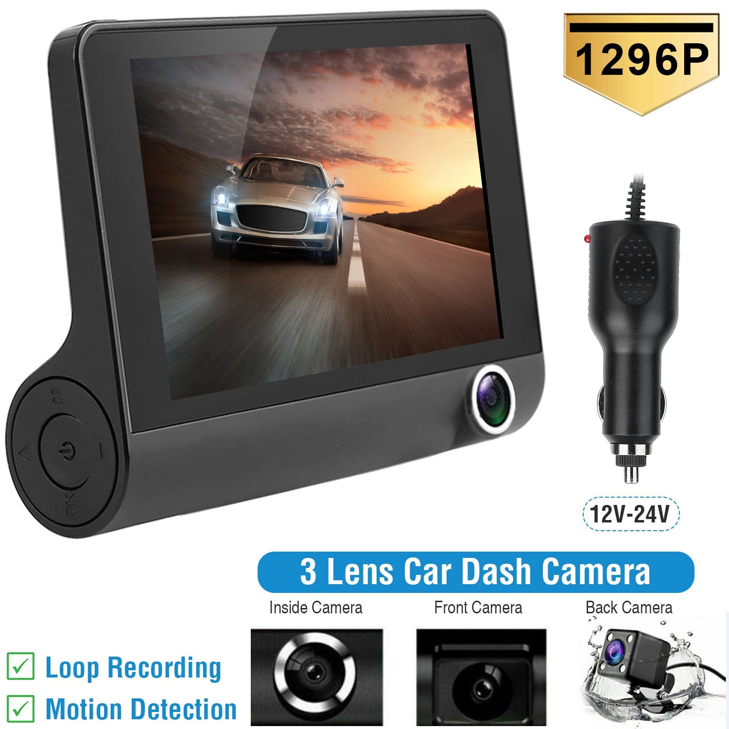 1296P Car DVR Dash Camera 4In 3 Lens Vehicle Driving Recorder Seamless Recording - 5 - cjdropshipping