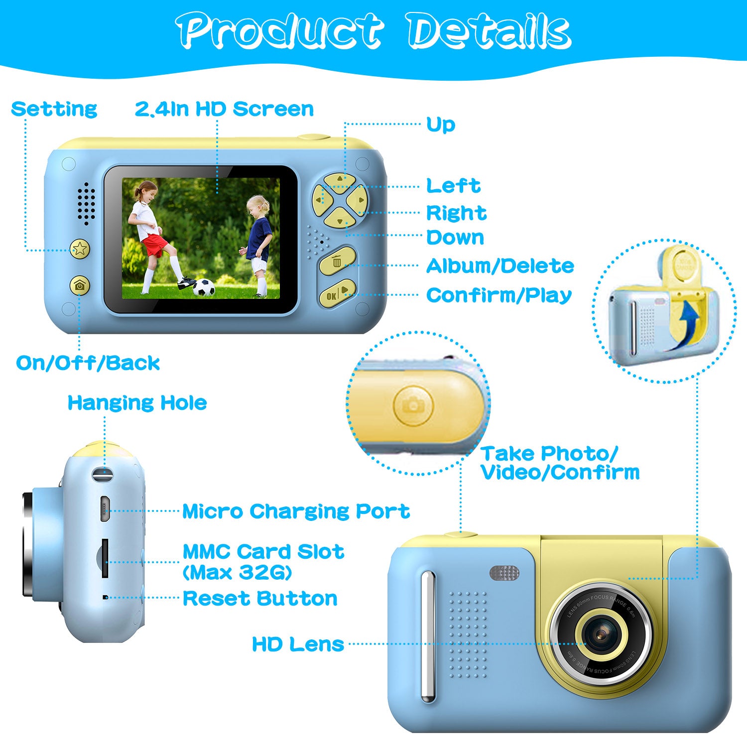 1Pc Kids Digital Camera With Flip Lens Children Video Camcorder Christmas Toy Birthday Gifts With Tripod 2.4in Screen 32G MMC Card For 3 - 10 Year Old Boys Girls - 5 - CJ