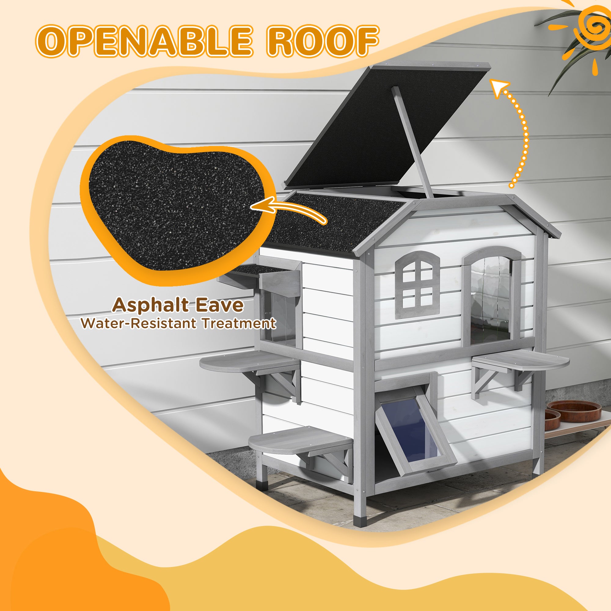 2 - story Cat House Outdoor, Weatherproof Wooden Cat Enclosure for Feral Cats with Escape Door, Openable Roof, Jumping Platforms, White - 5 - CJ