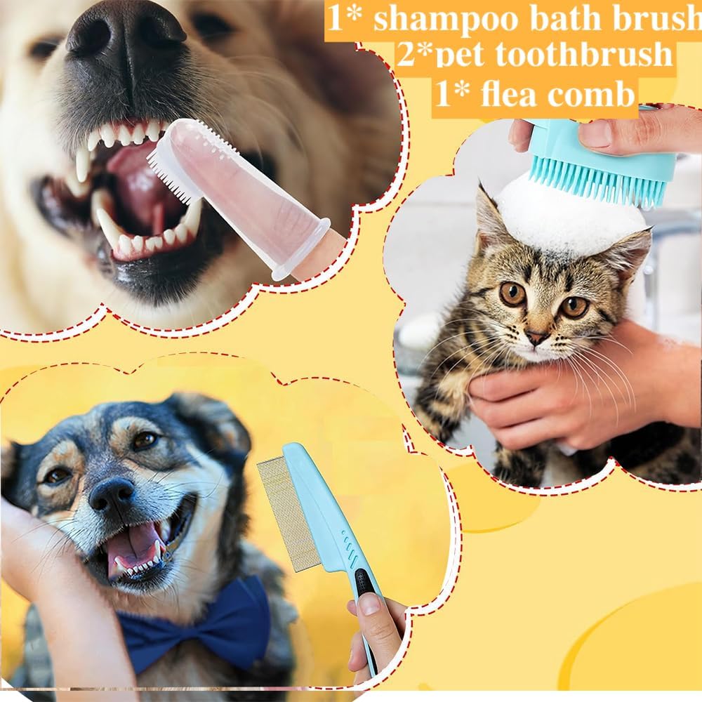 7pcs Pet Grooming Kit, Self - Cleaning Brush Shedding Kit With Nail Clipper, Flea Comb, Shampoo Bath Brush, Finger Toothbrush - 5 - CJ