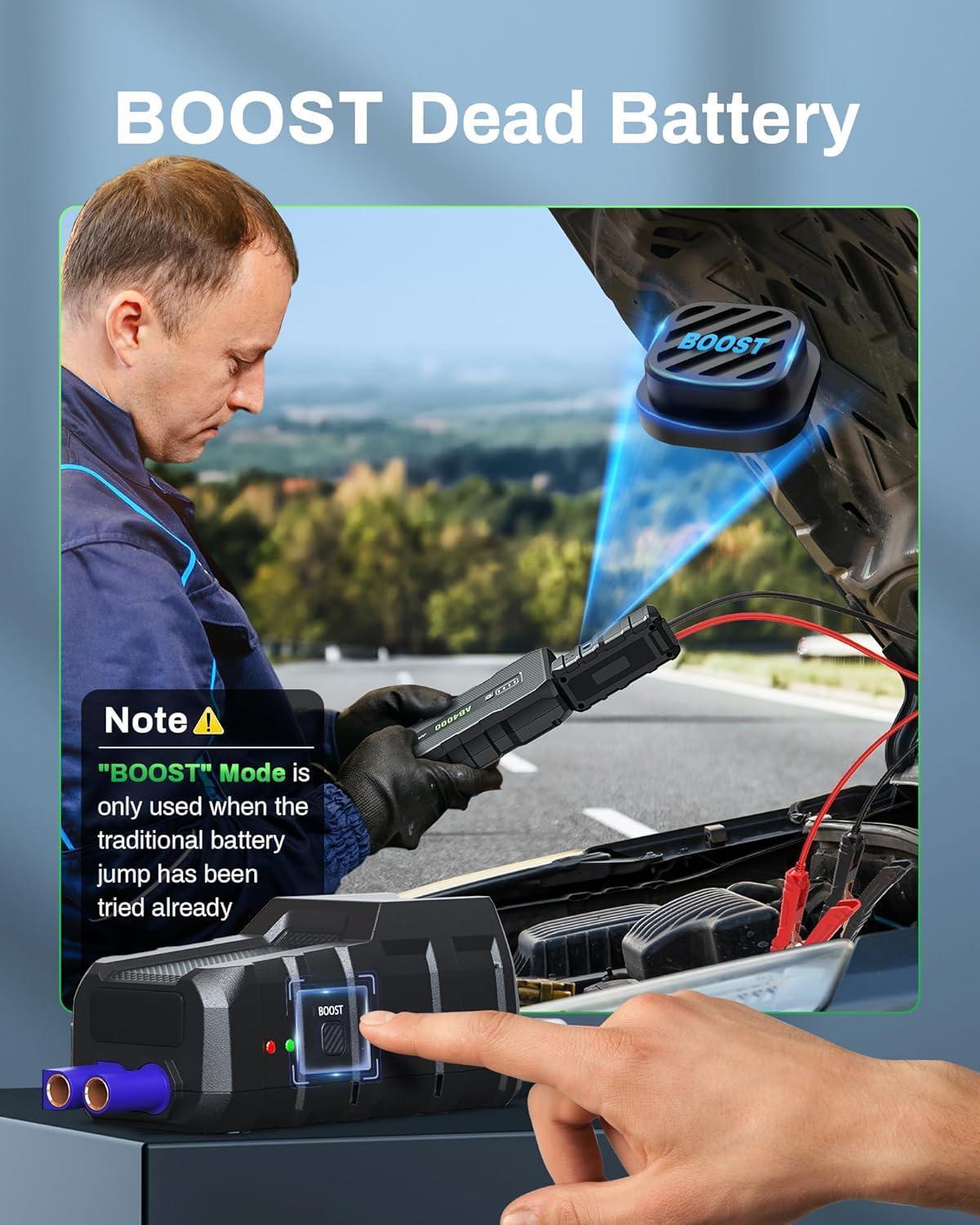 4000A Emergency Starting Power Supply 12V Portable Car Battery Jump Starter With 18W Fast Charge For 10L Gasoline And 8L Diesel Engines With LED Light Jump Starter Cable And EVA Storage Box - 5 - cjdropshipping