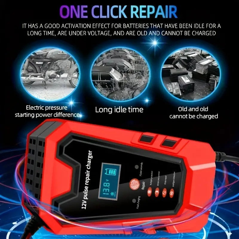 Smart 12V Car Battery Charger And Motorcycle Battery Maintainer, Easy To Operate, Full Power Self-stop, LCD Display, Battery Temperature Compensation, Without Battery