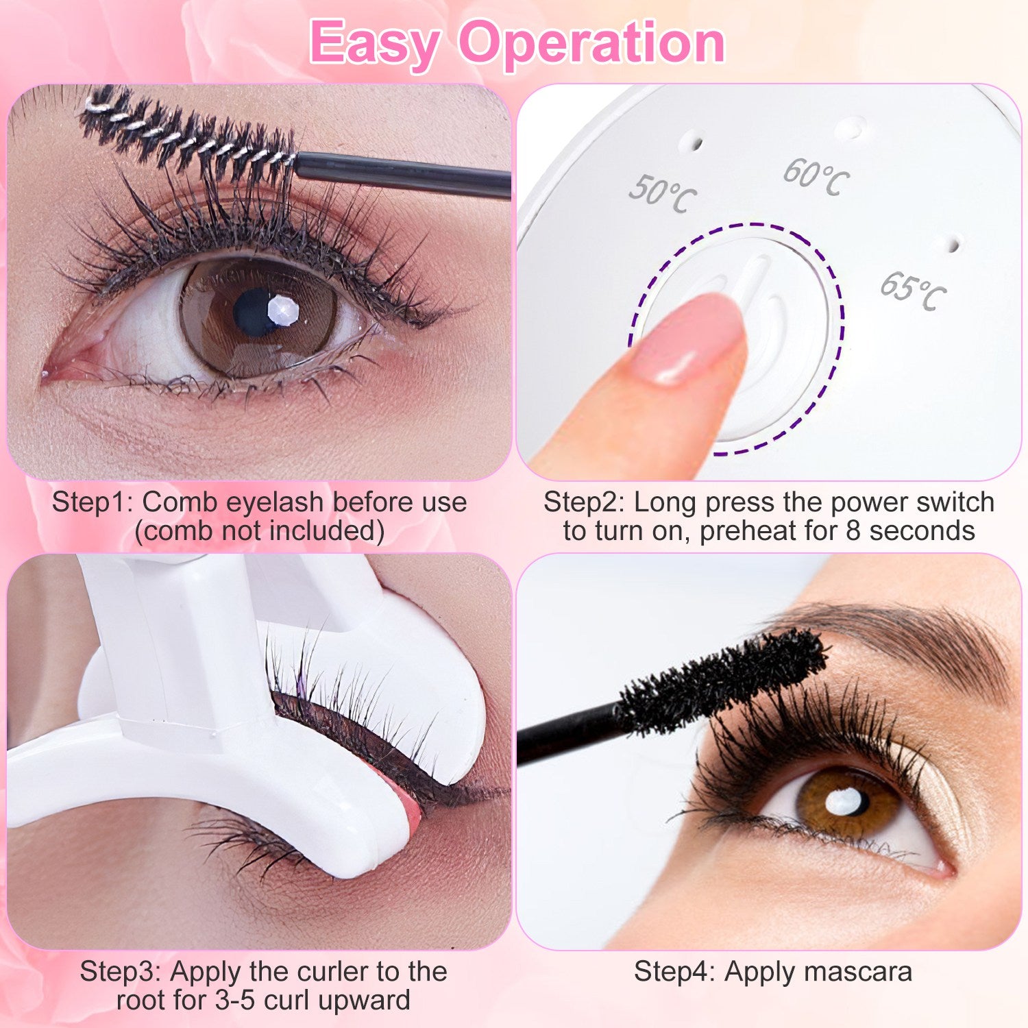 2Pcs Heated Eyelash Curler Electric USB Rechargeable Eyelash Curler Anti Burn Compact With Comb Heat Up Fast Within 8S For All Eye Shapes For Women Make Up Gift Travel Valentine Mother Day - 5 - CJ