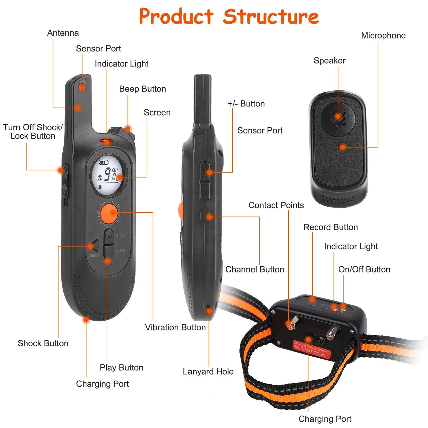 1Pc 984FT Dog Training Collar IP65 Waterproof Pet Beep Vibration Electric Shock Collar 3 Channels Rechargeable Transmitter Receiver Trainer With Recording Safety Keypad Lock - 5 - CJ