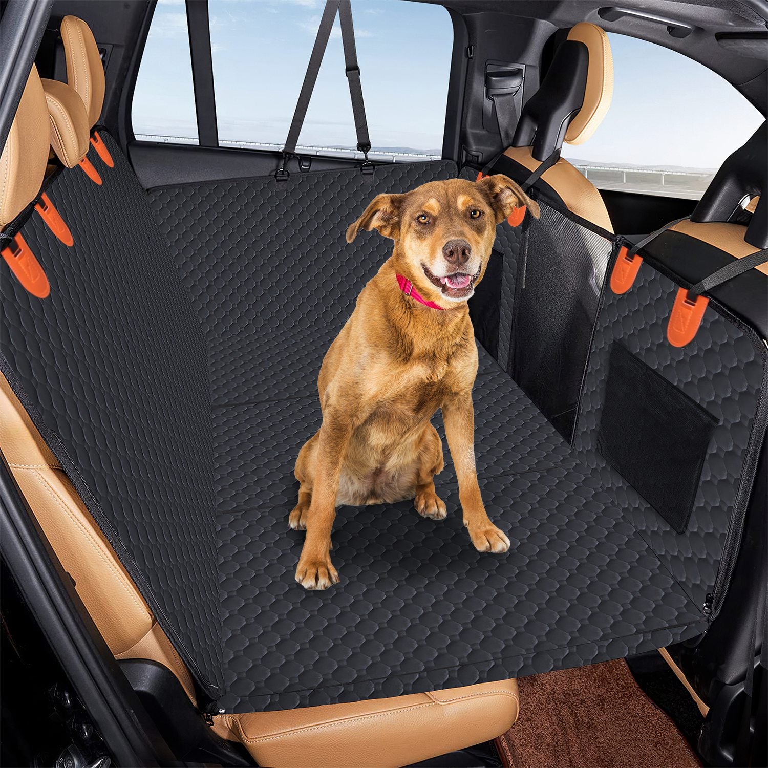 Dog Car Back Seat Cover With Zipper Mesh Window Storage Bags Waterproof 600D Oxford Cloth Car Seat Protector With Slide Flaps For Cars Trucks SUVs - 5 - CJ